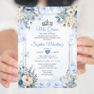 Invitation Elégante Silver & Dusty Blue Roses MIS QUINCE