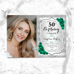 Invitation Elégante Silver Emerald Green Photo 50e anniversai<br><div class="desc">Elégante invitation au 50e anniversaire fleurie féminine avec votre photo. Design de glam avec fausse parties scintillant argent. Comprend des rayures, des roses vert émeraude, des caractères de script et des confettis. Parfait pour une fête anniversaire adulte élégante. Personnalisez avec vos propres détails. Peut être customisé pour n'importe quel âge...</div>