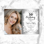Invitation Elégante Silver White Floral Photo 50e anniversair<br><div class="desc">Elégante invitation au 50e anniversaire fleurie féminine avec votre photo. Design de glam avec faux argent. Comprend des roses blanches, des caractères de script et des confettis. Parfait pour une fête anniversaire adulte élégante. Personnalisez avec vos propres détails. Peut être customisé pour n'importe quel âge ! Invitations Zazzle imprimées ou...</div>