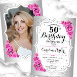 Invitation Elégante Silver White Pink Photo 50e anniversaire<br><div class="desc">Elégante invitation à 50e anniversaire fleurie avec votre photo au verso de la carte. Design de glam avec faux argent. Comprend des roses roses roses, des caractères de script et des confettis. Parfait pour une fête anniversaire adulte élégante. Personnalisez avec vos propres détails. Peut être customisé pour n'importe quel âge...</div>