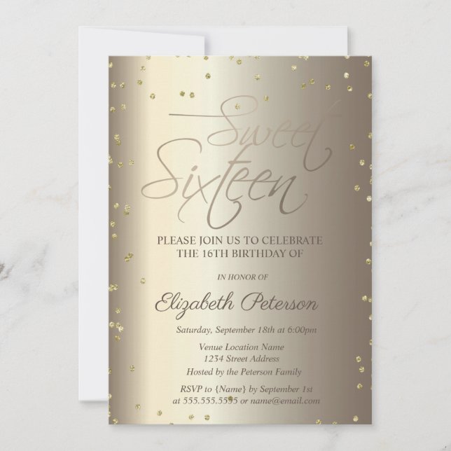 Invitation élégante simple en or diamants Sweet 16 (Devant)