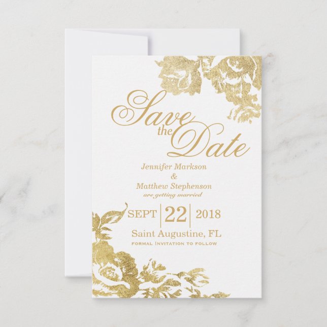 Invitation Élégante Simple Moderne Rose Florale Or Sauvegarde (Devant)