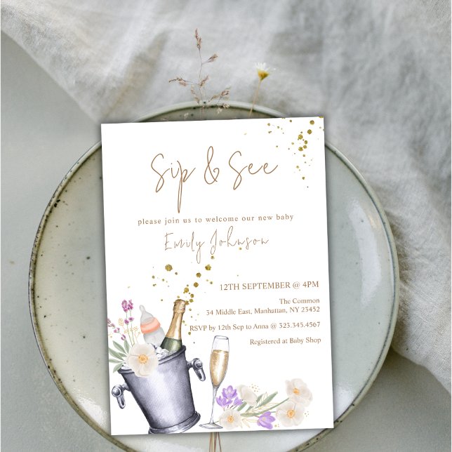 Invitation Elégante Sip & Voir Champagne Baby shower bouteill (Elegant Sip & See Champagne Bottle Baby Shower Invitation)