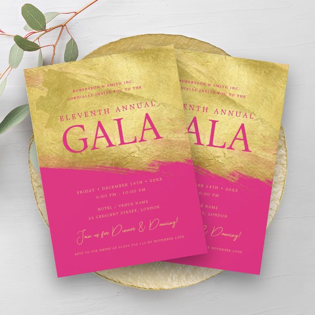 Invitation Elégante société GALA Business Gold Brush Hot Pink (Elegant GALA Company Business Gold Brush Hot Pink Invitation)