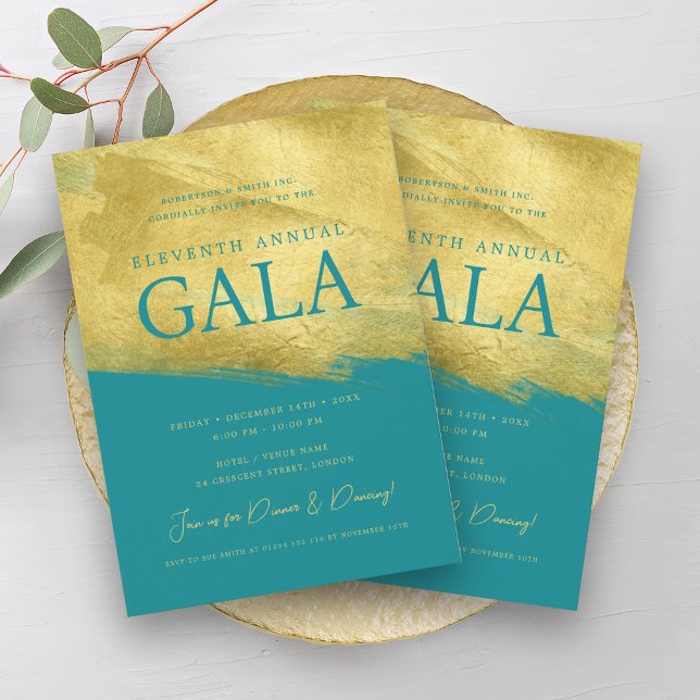 Invitation Elégante société GALA Business Gold Brush Turquois (Elegant GALA Company Business Gold Brush Turquoise Invitation)