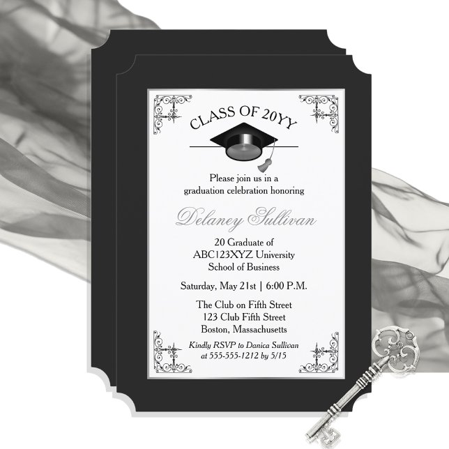 Invitation Élégante Soeur Formal Silver College Graduation Pa (Elegant Formal Black Silver Tone College Graduation Announcement Party Invitation - Print | Download)