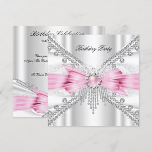 Invitation Élégante Soie blanche rose Diamant fête d'annivers