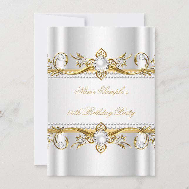 Invitation Élégante Soie de Perle Blanche Dorée Fête d'Annive (Devant)