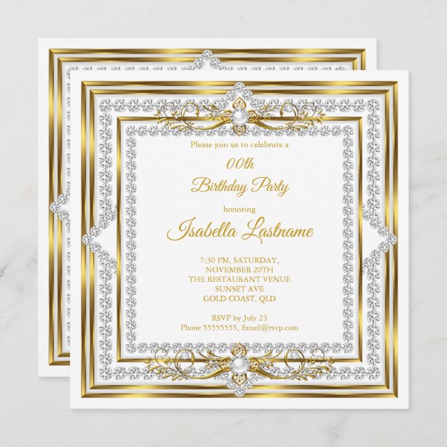 Invitation Elégante Soirée d'Anniversaire Diamond Gold White  (Devant / Derrière)