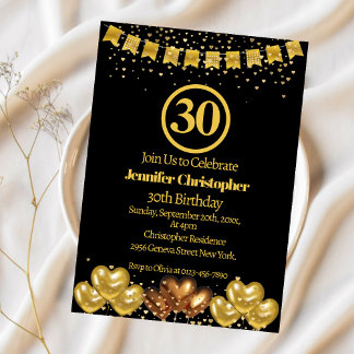 Invitation Elégante Soirée de 30e Anniversaire Noir et or