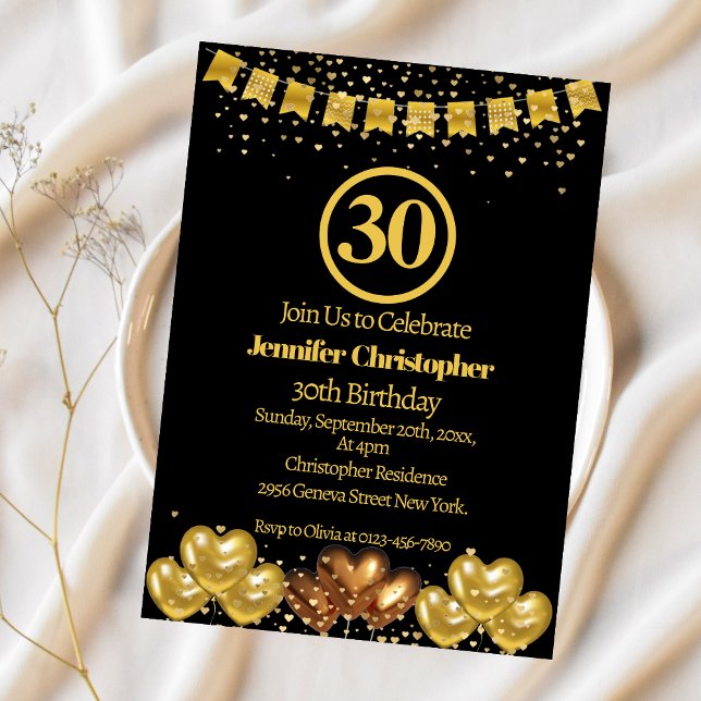 Invitation Elégante Soirée de 30e Anniversaire Noir et or (Créateur téléchargé)