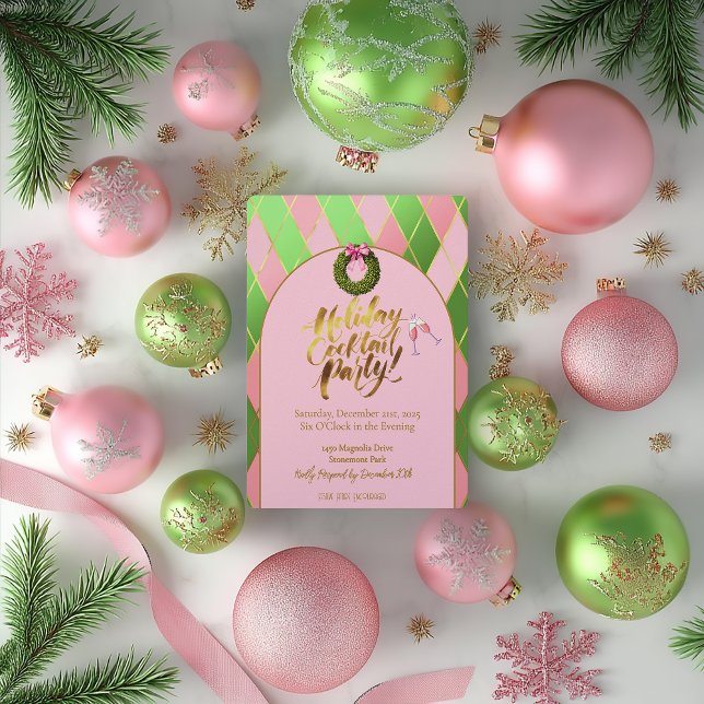 Invitation Élégante soirée de cocktail de fêtes de Pink & Gre (Holiday Cocktail Party Pink and Green Argyle Holiday Party Invitation )