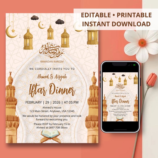 Invitation Élégante soirée de dîner Iftar du Ramadan islamiqu (Créateur téléchargé)