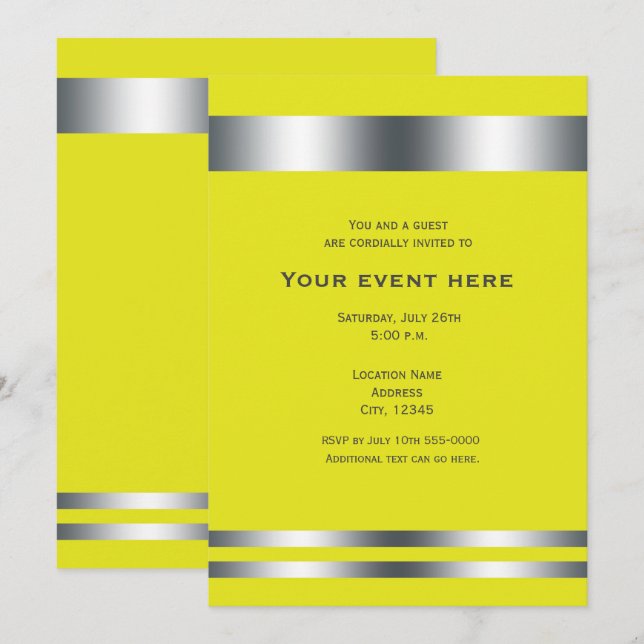Invitation Élégante soirée de dîner jaune et argentée (Devant / Derrière)