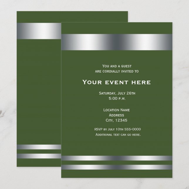 Invitation Élégante soirée de dîner vert et argent (Devant / Derrière)