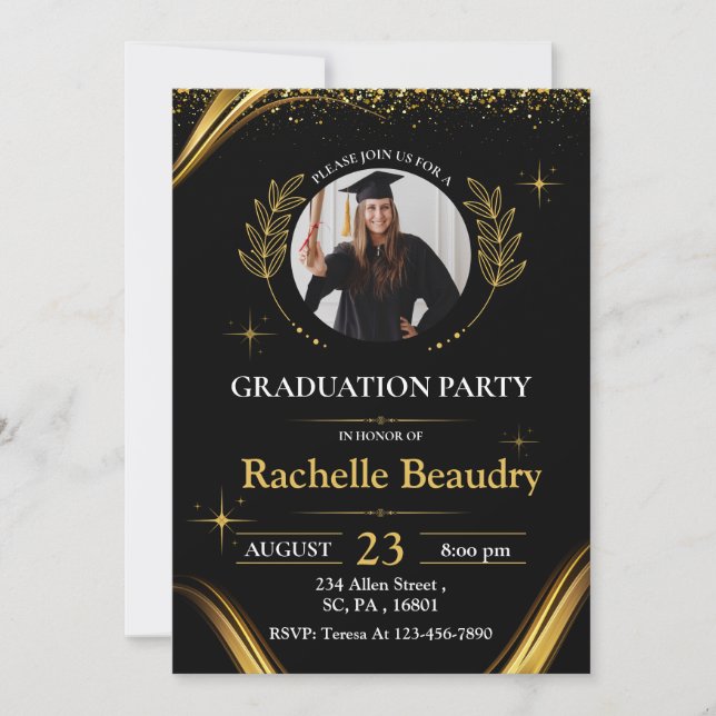 Invitation Élégante Soirée de Graduation Noire & Or de Luxe (Devant)