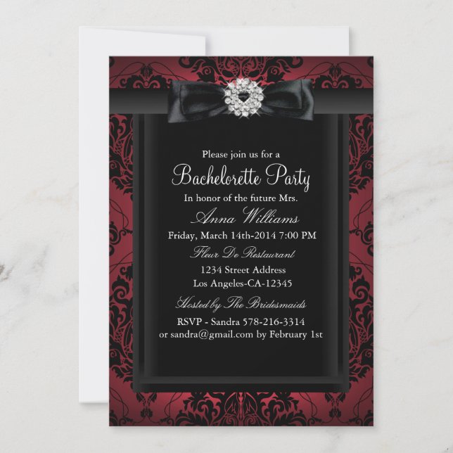Invitation Élégante soirée de jeune fille damassée rouge et n (Devant)