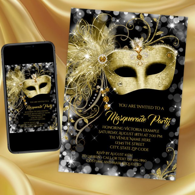 Invitation Élégante soirée de masquerade Black Gold Glitter (Black and gold masquerade party invitation with jewel gold mask. Print and download available.)