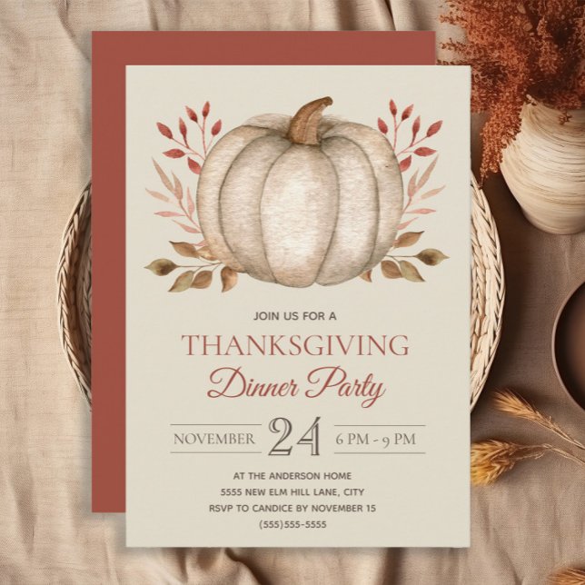 Invitation Élégante soirée de Thanksgiving rustique avec citr (White pumpkin burnt orange Thanksgiving Dinner invitation)