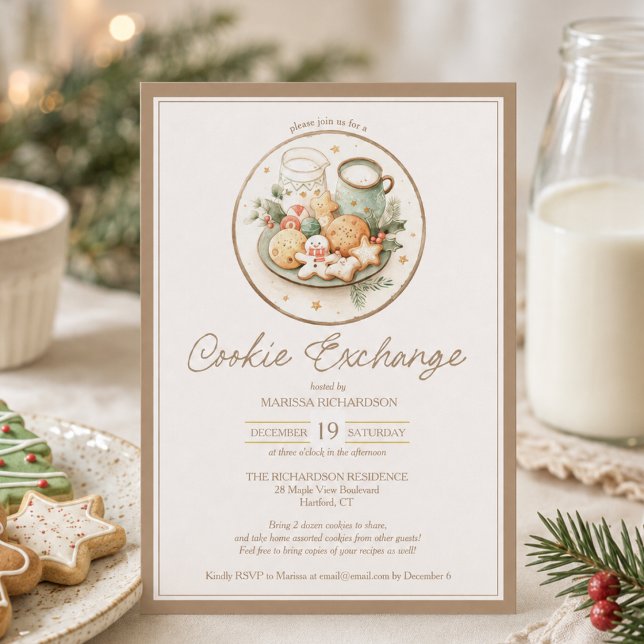 Invitation Élégante soirée d'échange de biscuits de Noël (elegant watercolor Christmas holiday cookie exchange swap party invitation card with custom details)