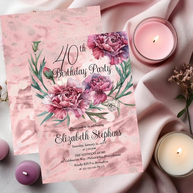 Invitation Elégante Soirée des oeillets roses 40e anniversair (Elegant Pink and Mauve Carnations 40th Birthday Party Invitation)