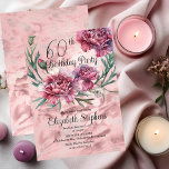Invitation Elégante Soirée des oeillets roses 60e anniversair<br><div class="desc">Elégant design floral rose,  mauve et bordeaux "60th Birthday Party" avec une couronne fleurie ouverte de oeillets blancs.</div>