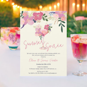 Invitation Élégante Soirée d'Été Florale de Cocktail Dessinée