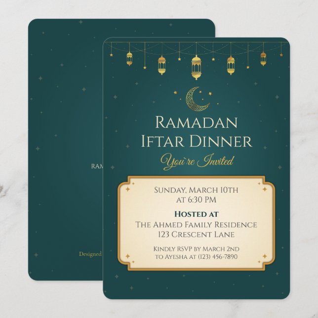 Invitation Élégante Soirée Iftar de Ramadan Vert Émeraude et  (Devant / Derrière)