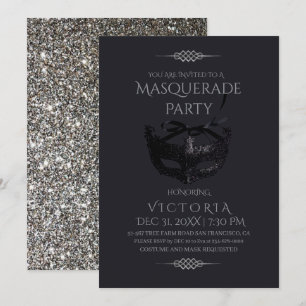 Invitation Elégante Soirée Mascarade Noire Argent Anniversair
