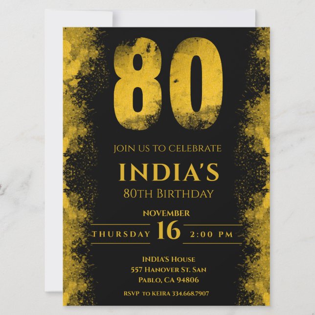 Invitation Elégante Soirée Noire et Or 80e Anniversaire (Devant)