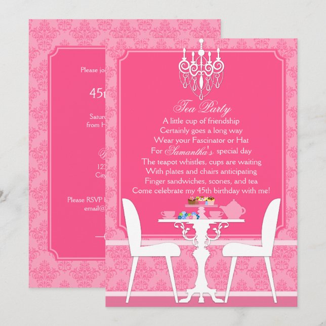 Invitation Elégante soirée thé d'anniversaire rose Damask (Devant / Derrière)