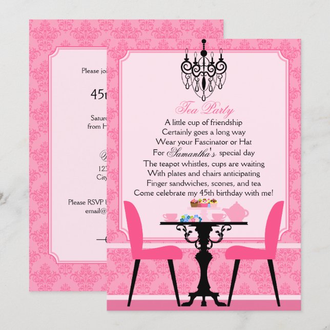 Invitation Elégante soirée thé d'anniversaire rose Damask (Devant / Derrière)