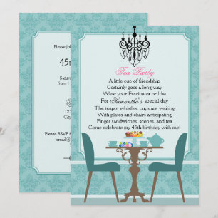 Invitation Elégante soirée thé d'anniversaire Turquoise Damas