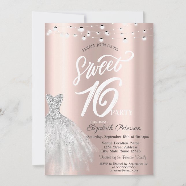 Invitation Élégante String Lights Robe Rose Gold Sweet 16 (Devant)