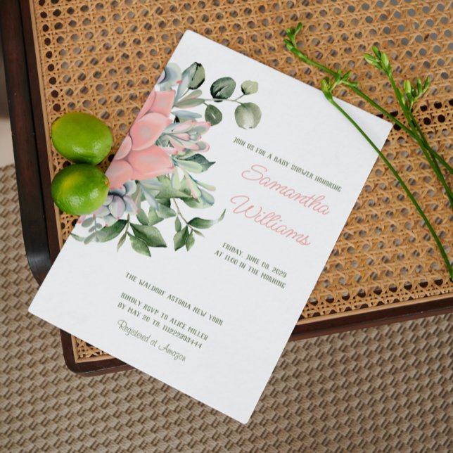 Invitation Élégante Succulente Aquarelle Botanique Vert Pêche (Créateur téléchargé)
