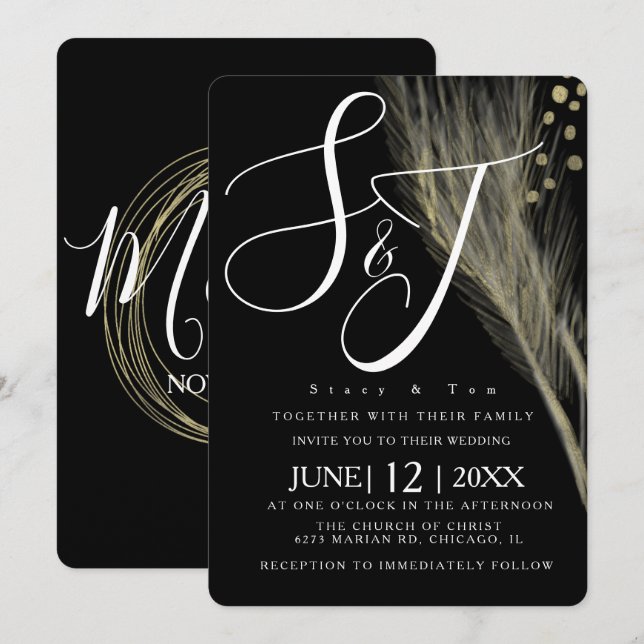 Invitation Élégante Suite de Mariage Pampas Blanc Noir Feuill (Devant / Derrière)