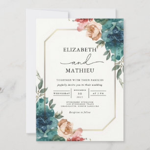 Invitation Elégante suite Turquoise et Mariage floral de Pêch