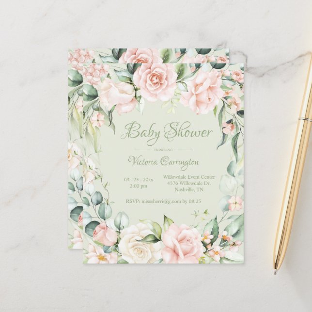 Invitation Élégante sur le Baby shower floral du b (Devant/Arrière en situation)