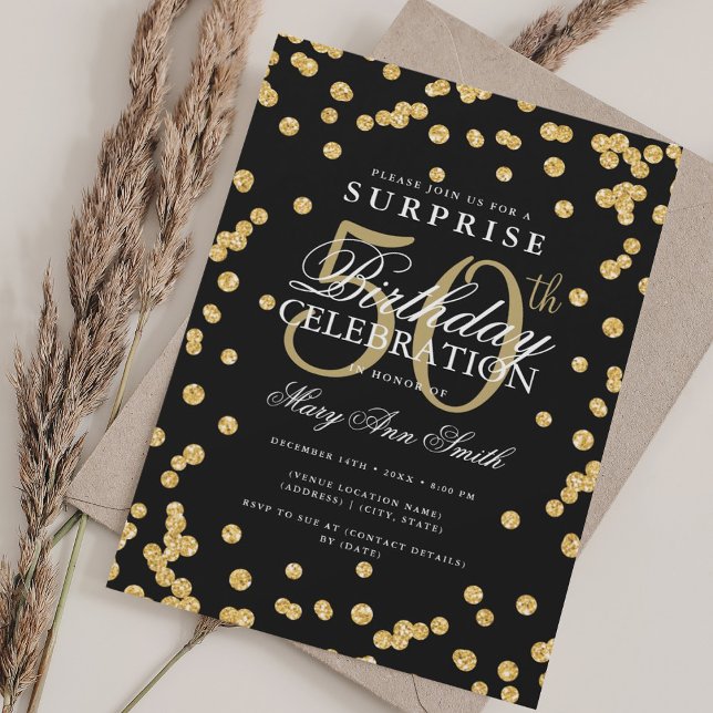 Invitation Elégante SURPRISE 50e Anniversaire Or Noir (Elegant SURPRISE 50th Birthday Gold Black Invitation)