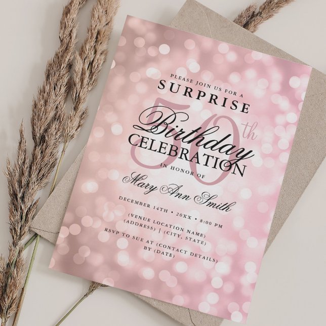 Invitation Élégante SURPRISE 50e anniversaire Rose Lumières o (Elegant SURPRISE 50th Birthday Rose Gold Lights Invitation)