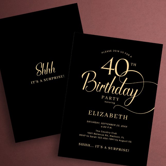 Invitation Élégante surprise d'anniversaire 40 ans écriture o (Créateur téléchargé)