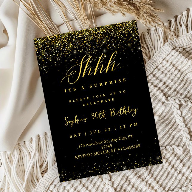 Invitation Élégante surprise d'anniversaire noir et or (Créateur téléchargé)