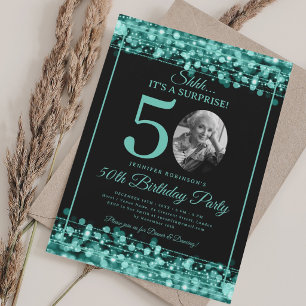 Invitation Élégante SURPRISE Photo 50e Anniversaire Turquoise