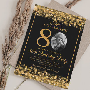 Invitation Élégante SURPRISE Photo 80e Anniversaire Or Glam