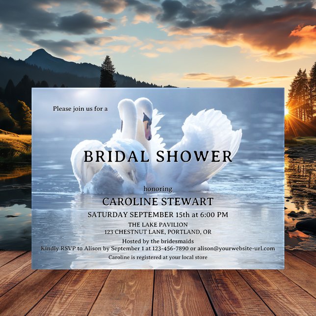 Invitation Élégante Swan Lake Bridal Show (Elegant dreamy bridal shower invitation featuring two swans in love on a hazy sunlit lake)