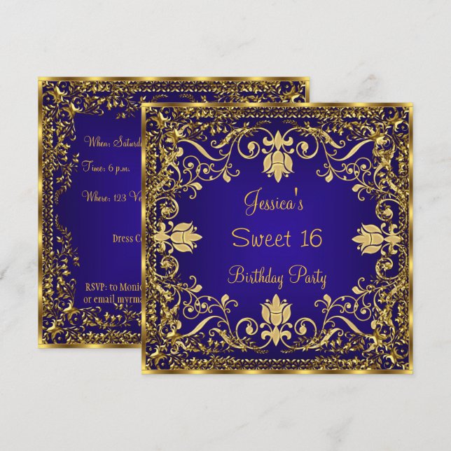 Invitation élégante Sweet 16 bleu royal et or (Devant / Derrière)