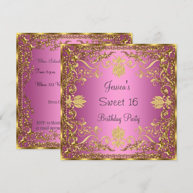 Invitation élégante Sweet 16 rose or (Devant / Derrière)