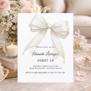 Invitation élégante Sweet 16 ruban ivoire perles b