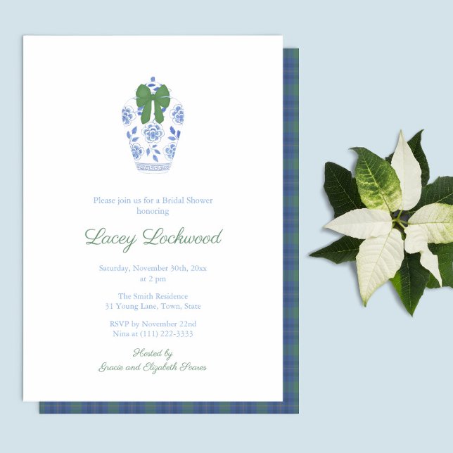 Invitation Elégante Tartan Chinoiserie Fête des mariées de va (Simple elegant Christmas Bridal Shower Invitation featuring a ginger jar vase with green bow)