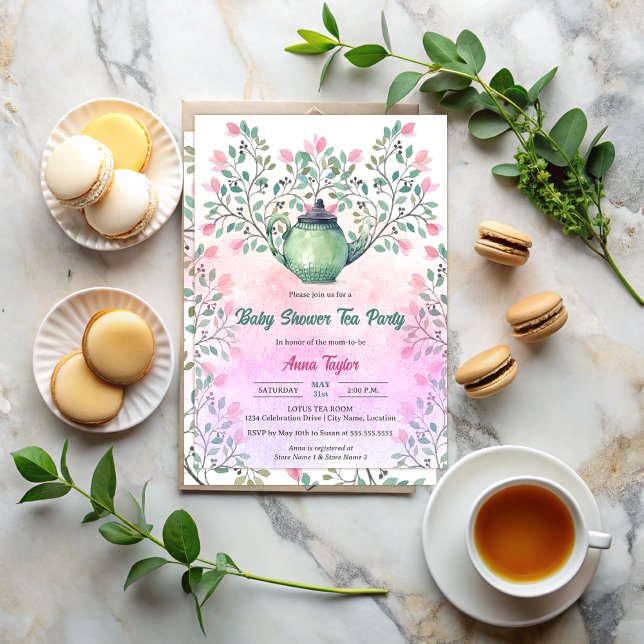 Invitation Elégante Tea Party Baby shower Tea Party Teapot Fl (Elegant baby shower tea party invitation with a teapot and floral design elements front and back.)
